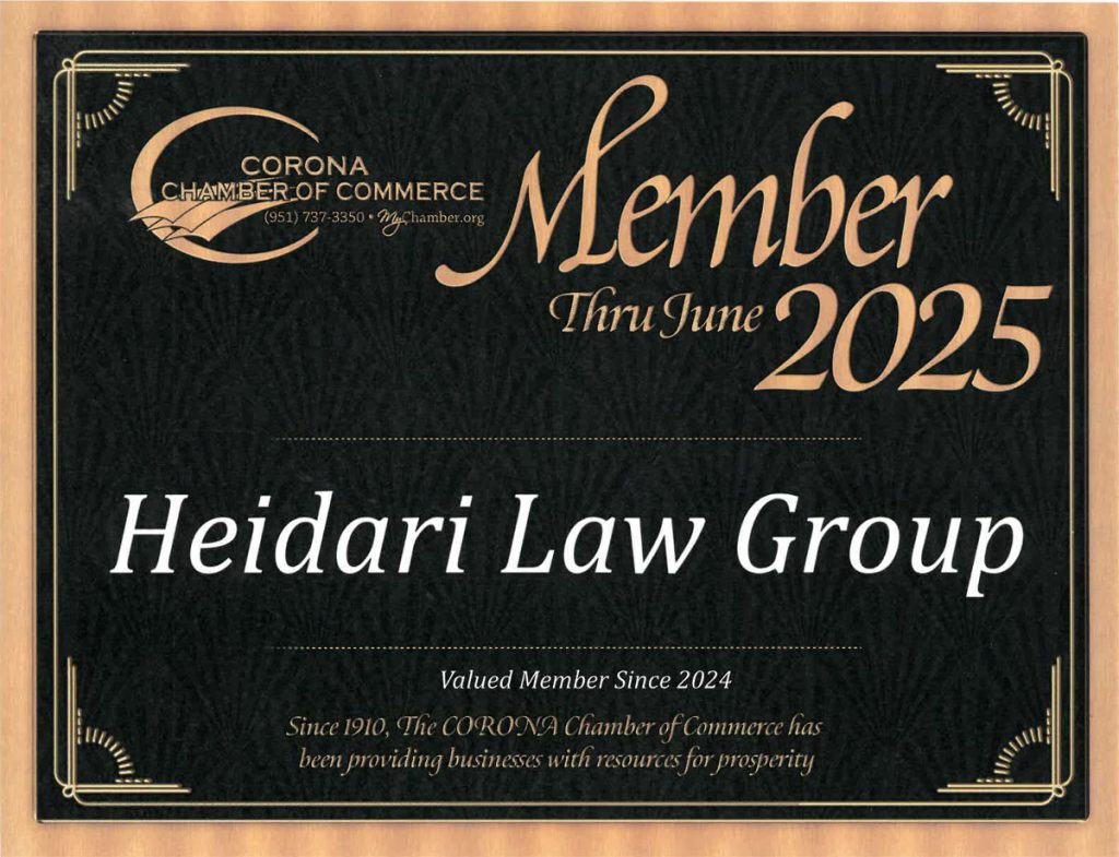 Corona Chamber of Commerce Certificate for Heidari Law Group for the year 2025