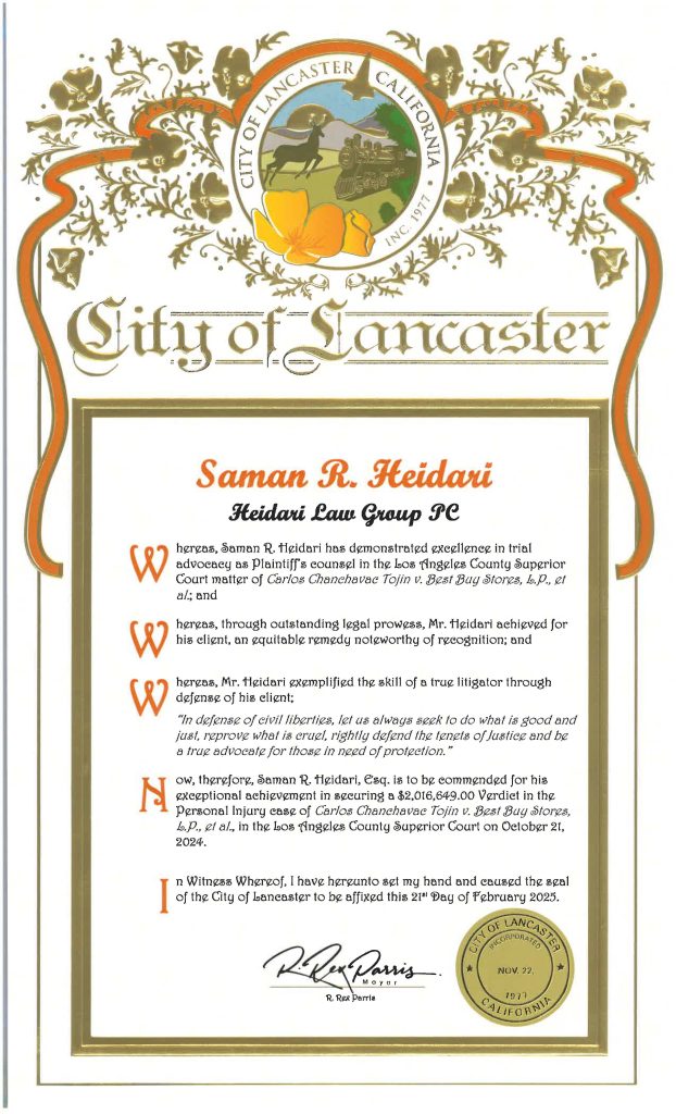 City of Lancaster Appreciation for Saman R. Heidari at Heidari Law Group